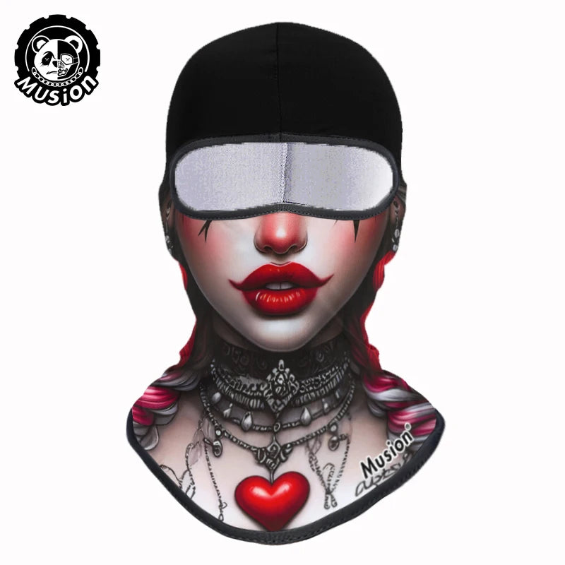 A full face balaclava helmet liner featuring a realistic female face with red lips and intricate silver jewelry.