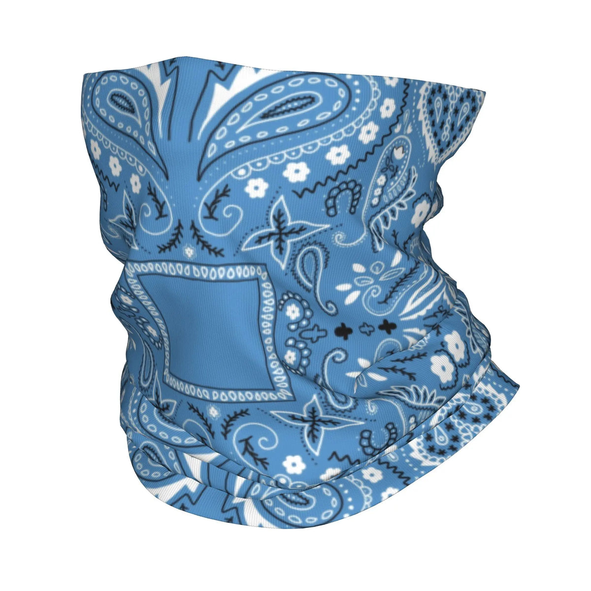 Bandana cuello azul con estampado paisley, flores blancas y patrones geométricos
