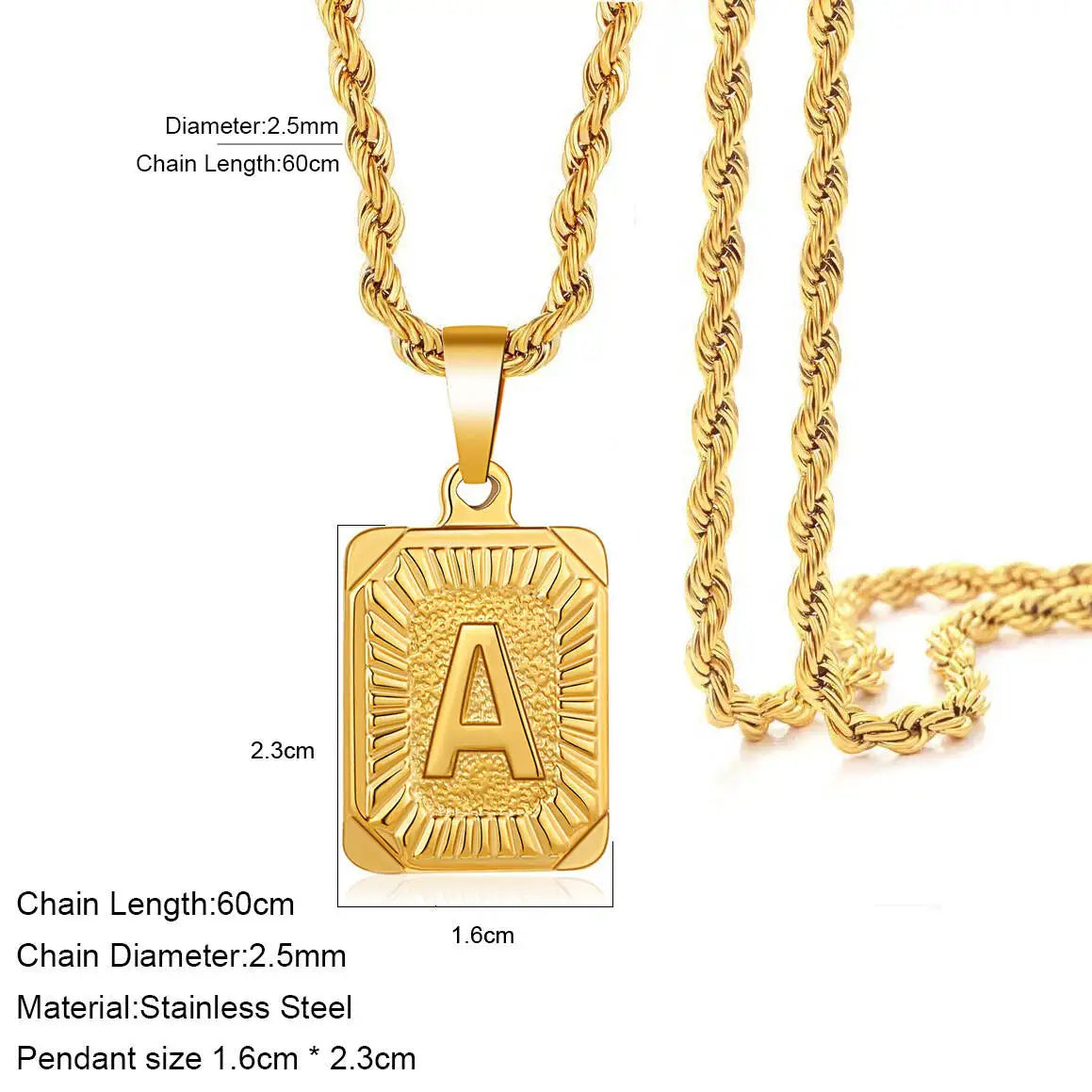 A gold-plated letter A pendant necklace with a 60cm chain and 2.5mm diameter.