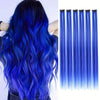 A set of 24 inch blue hair extensions showing long, straight, vibrant blue hair strands.