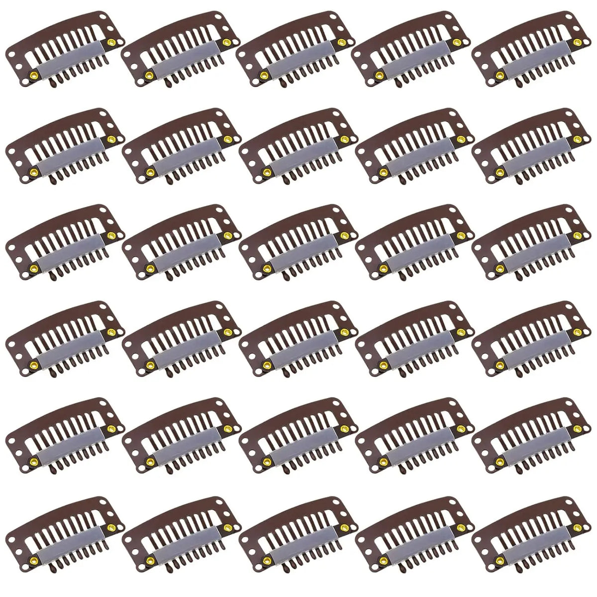 A set of hair extension snap clips used for wigs, featuring multiple plastic clips.