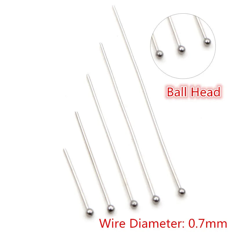 Stainless steel ball pins with 0.7mm wire diameter and ball heads shown in various lengths