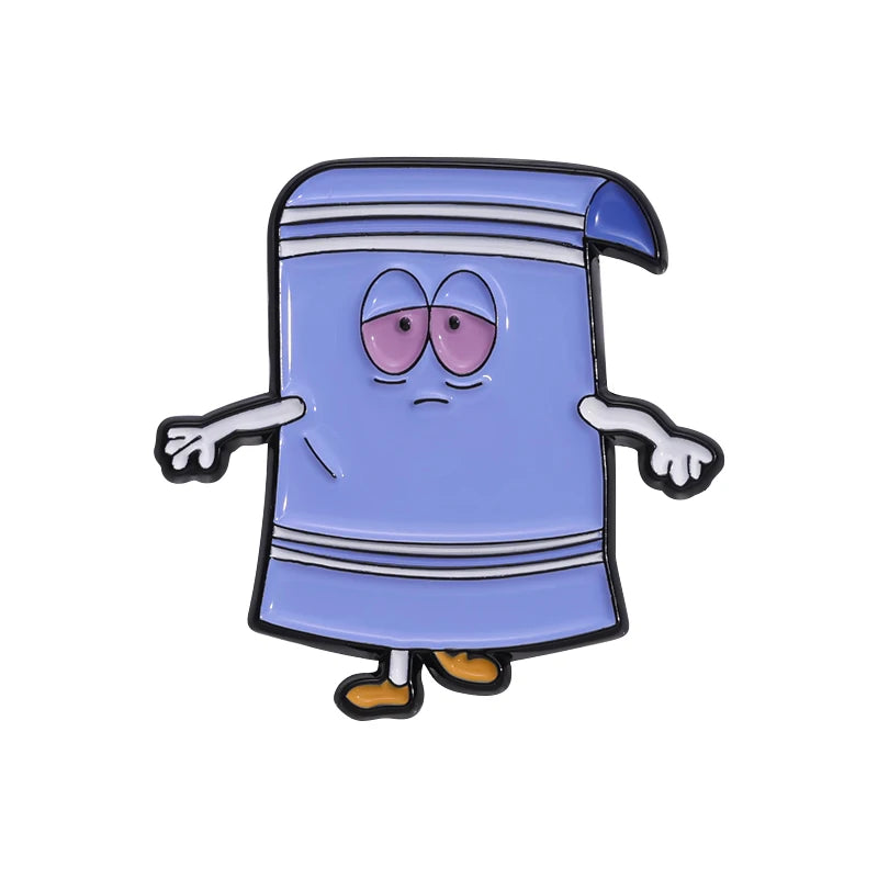 A cartoon character enamel pin featuring a purple body and blue accents.
