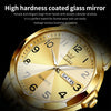 Nahaufnahme einer goldfarbenen Quarz-Armbanduhr mit Glaszifferblatt und Lederarmband.