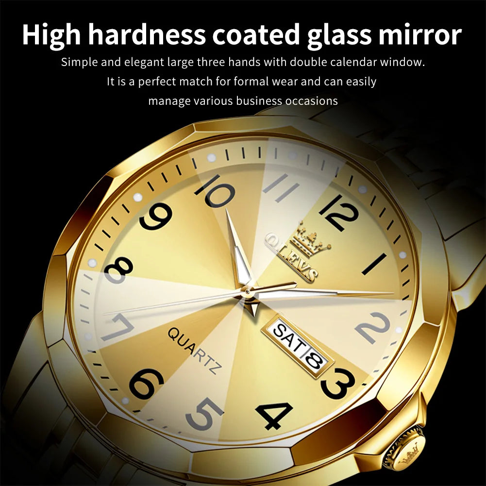 Nahaufnahme einer goldfarbenen Quarz-Armbanduhr mit Glaszifferblatt und Lederarmband.
