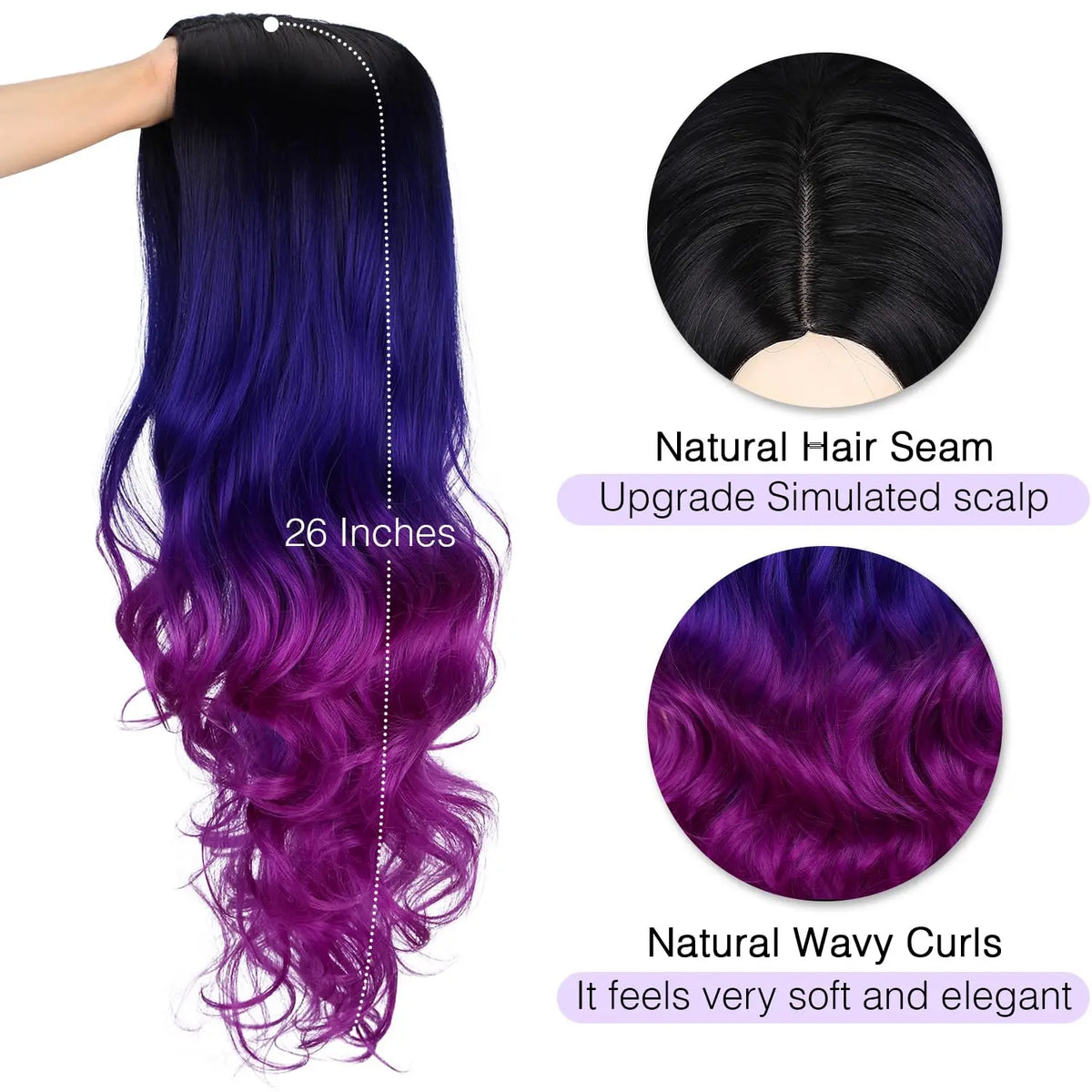 Lange lila Ombré-Perücke mit natürlicher Haarnaht und gewellten Locken.
