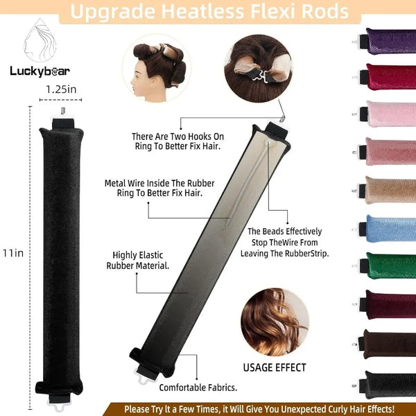 A set of black satin flexi hair rods and a gold hair accessory are shown with usage examples.