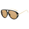 Gold-framed aviator style sunglasses with amber tinted lenses