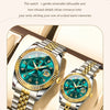 A pair of matching couple watches with luminous hands and date display displayed on a light-colored box.
