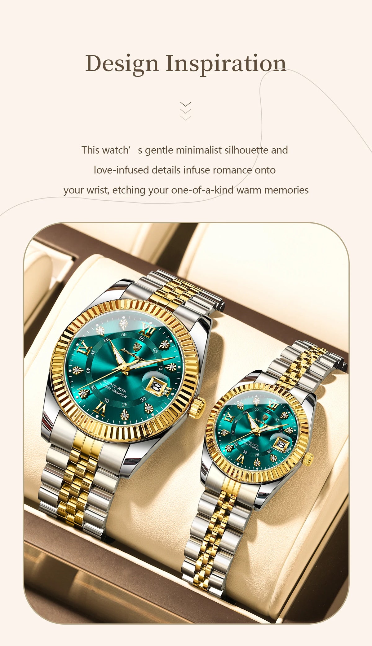 A pair of matching couple watches with luminous hands and date display displayed on a light-colored box.