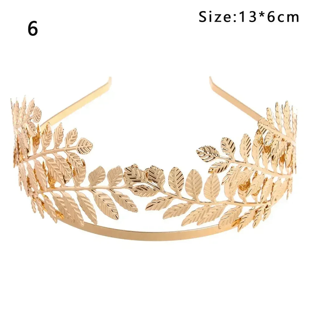 Gold leaf headband featuring laurel leaves for bridal or party accessories.