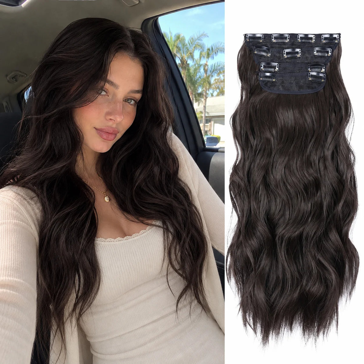 A close-up of long, dark brown synthetic ombre hair with decorative clips attached to the hair