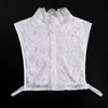 White lace blouse with a ruffled false collar and a sheer overlay