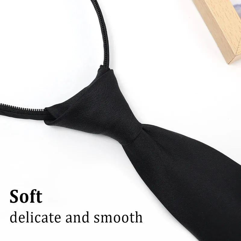 A black tie with a zipper is shown against a white background.