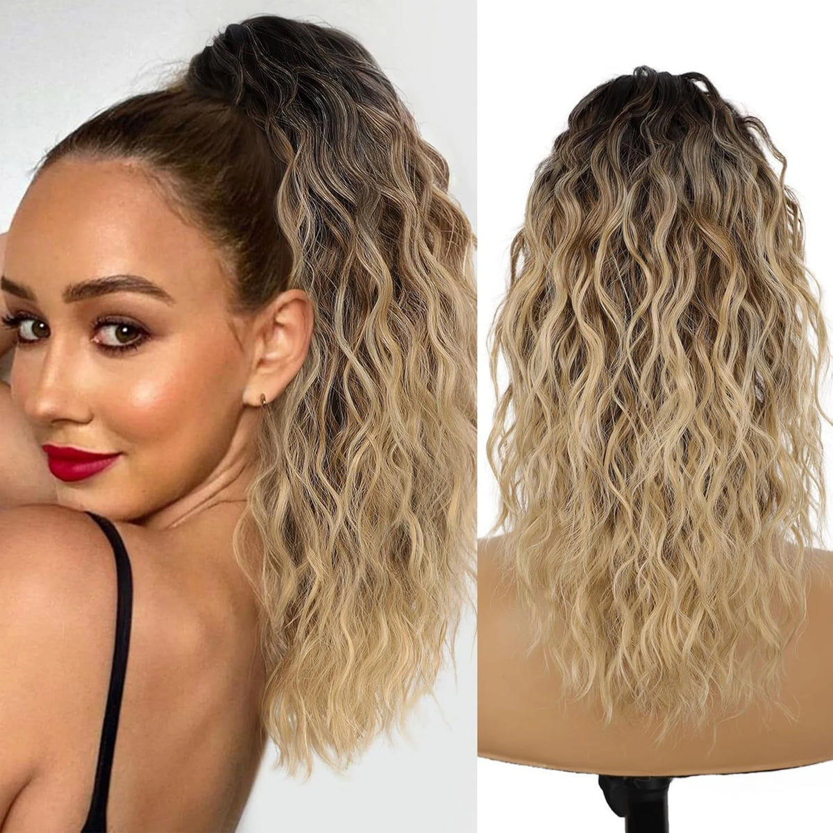 Gros plan d'une femme aux longs cheveux blonds ondulés et volumineux.