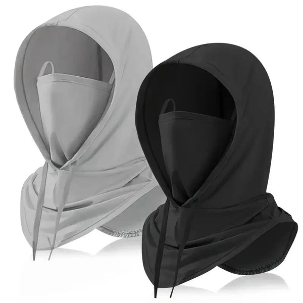 A pair of black and gray lightweight sun protection hoods shown in a folded, open display.