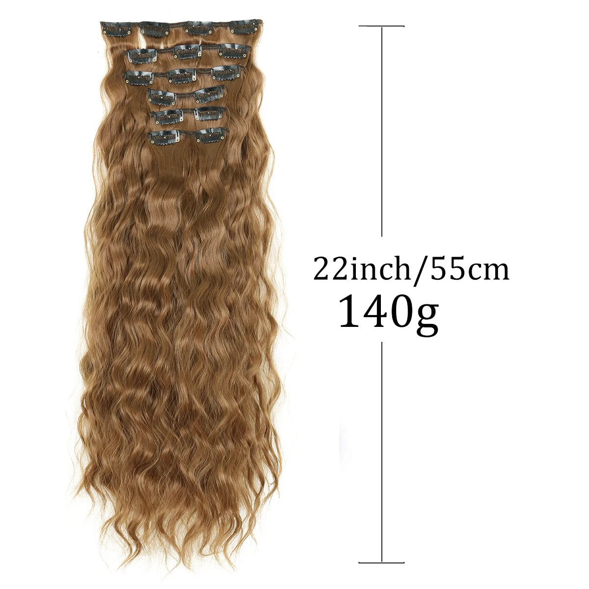 A bundle of 22-inch curly brown synthetic hair extensions with 16 clips shown against a white background.
