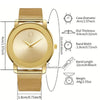 A gold-toned men's quartz wristwatch with a round face and a slim mesh strap, shown with detailed dimensions.