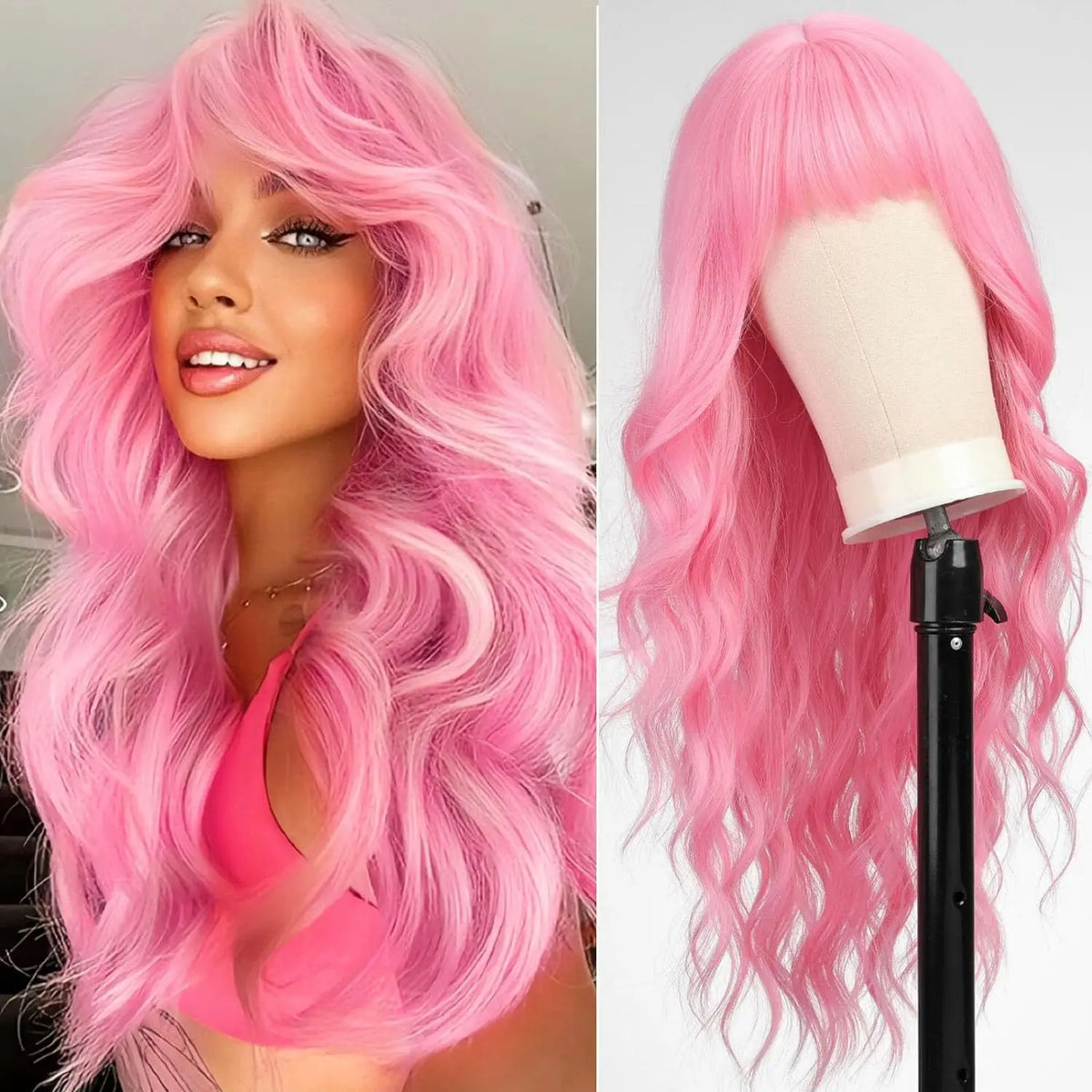 Long curly pink synthetic wig with red wine color hair displayed on a mannequin head.