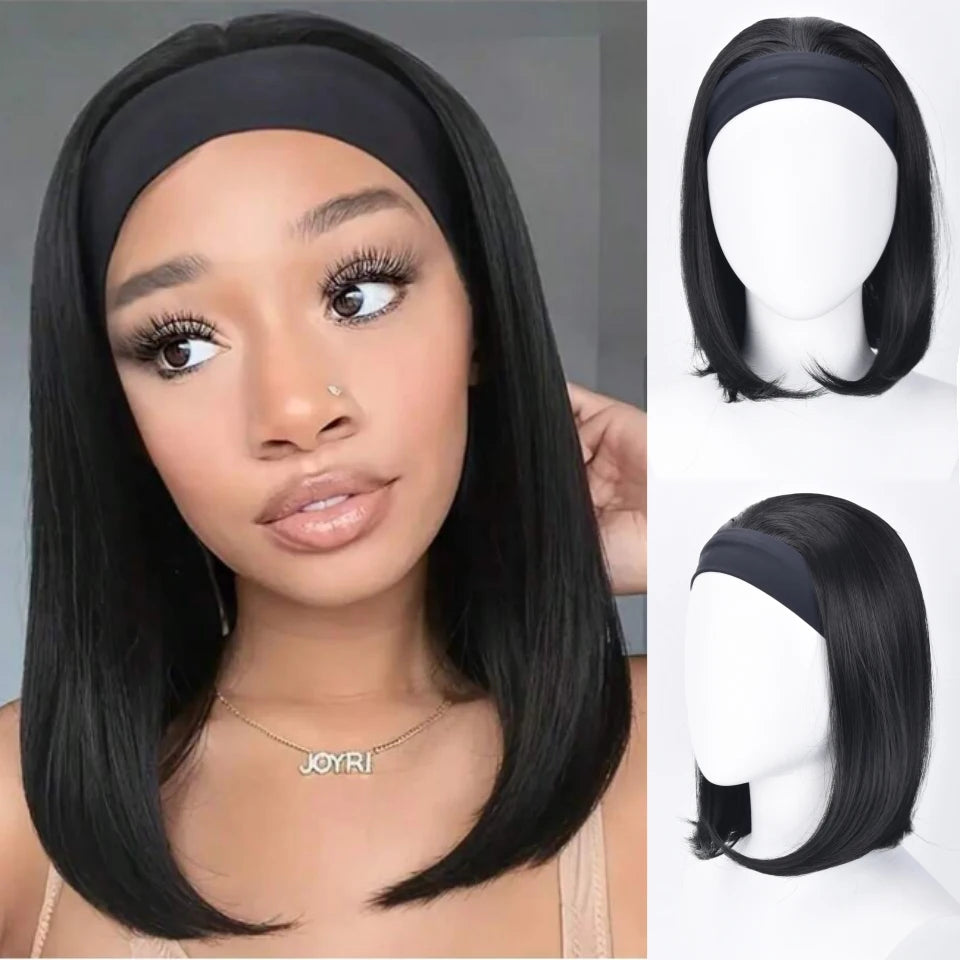 A woman models a black bob wig with straight heat resistant synthetic hair and a black headband.