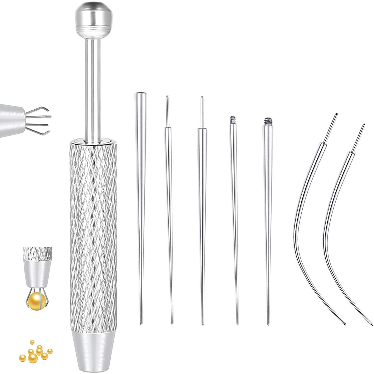 A set of titanium piercing tools including a nose stud, lip piercing tool, and cartilage piercing needle.