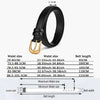 A black elegant PU belt is shown with various size measurements and dimensions.