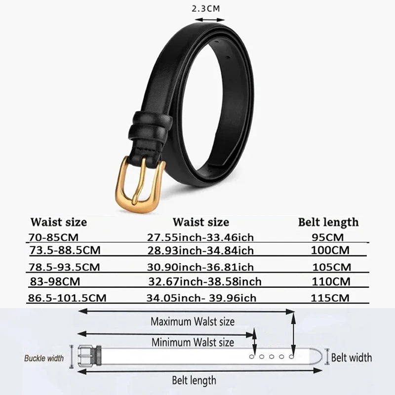 A black elegant PU belt is shown with various size measurements and dimensions.
