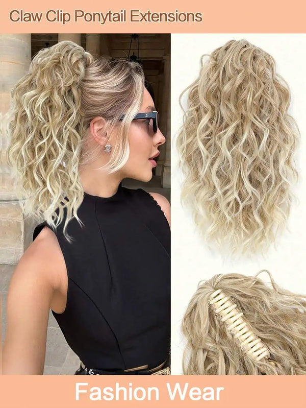 A woman shows off long, wavy blonde hair extensions styled in a ponytail with a claw clip and drawstring.