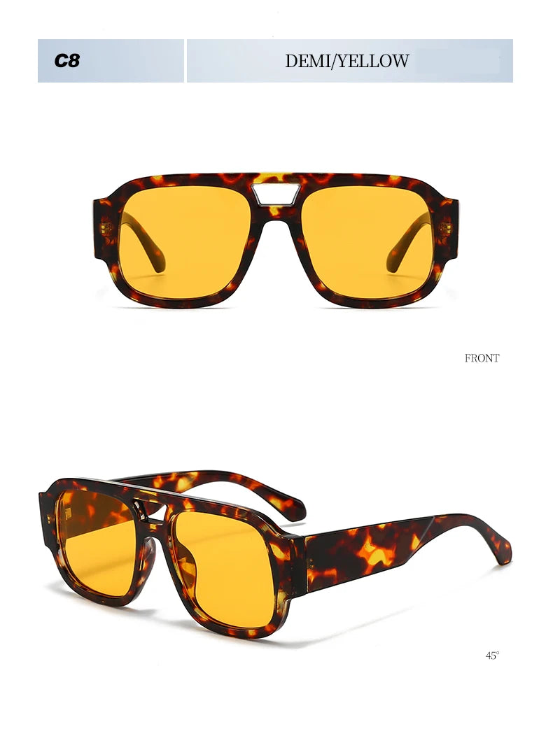 Vue de face de lunettes de soleil carrées vintage jaune demi C8 avec double pont.