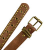 A close-up of a brown Western style PU belt with bronze rivets and a brass buckle.