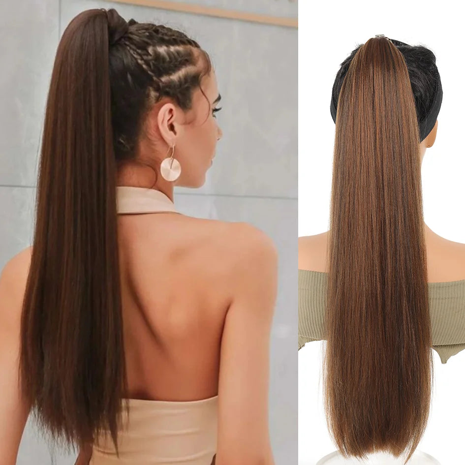 A close-up of a woman with long, straight brown hair styled in a high ponytail, shown from the side and back.