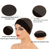 A black velvet wig grip cap shown on a mannequin with detailed views of its features.