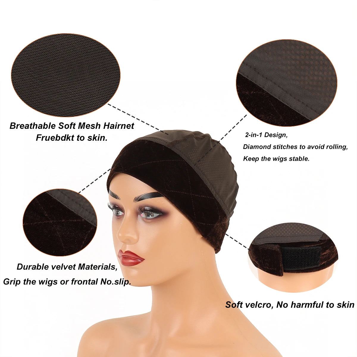 A black velvet wig grip cap shown on a mannequin with detailed views of its features.