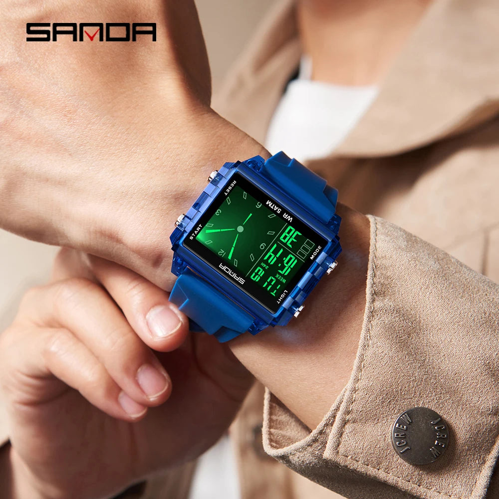 A close-up of a blue digital smartwatch worn on a wrist, featuring a luminous green display.