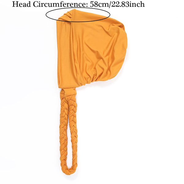 Orange triple crossed forehead hijab cap with a long braided tie