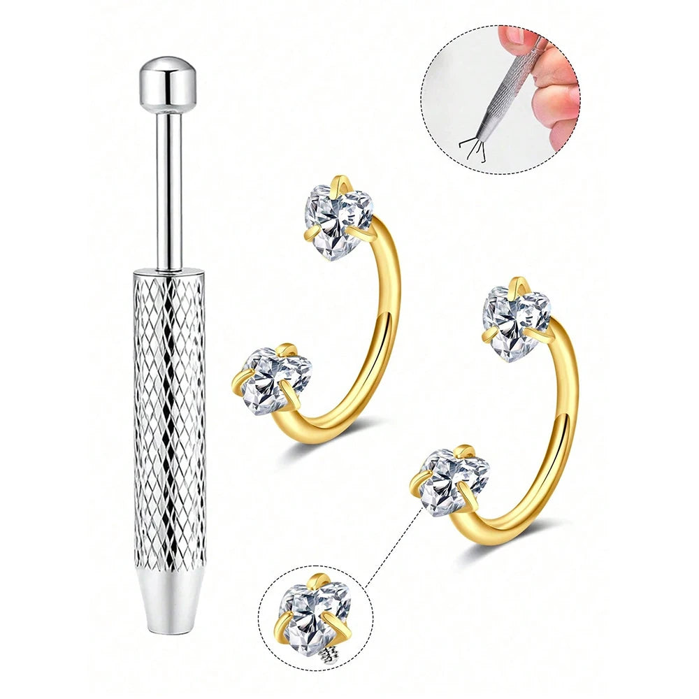 Stainless steel horseshoe nose stud earrings with ball grabbers shown in various views
