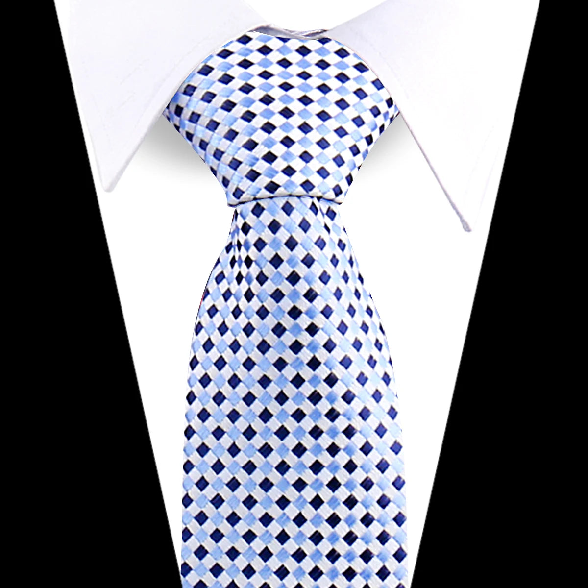 Blue and white checkered silk necktie worn under a white dress shirt.