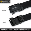 Black metal ratchet adjustment buckle on a tactical nylon belt.