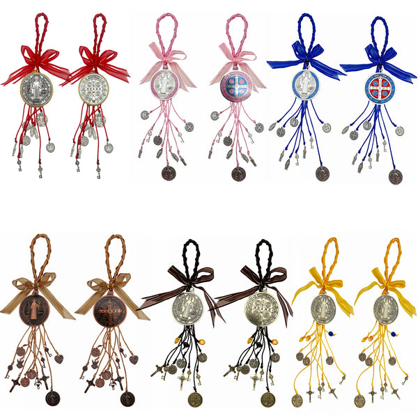 A set of various religious protection charms and pendants featuring different colors and materials.