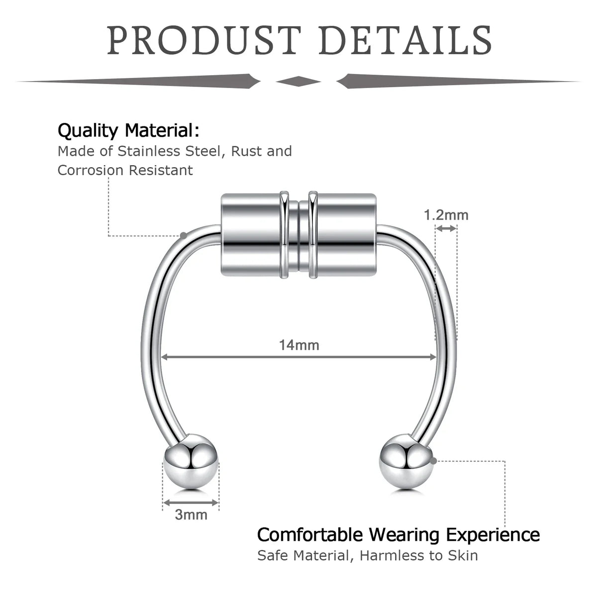 A diagram showing a single silver magnetic stainless steel septum ring with various dimensions and quality details.