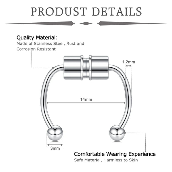 A diagram showing a single silver magnetic stainless steel septum ring with various dimensions and quality details.