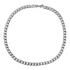 A silver stainless steel hip hop Cuban chain necklace laid out in a circle.