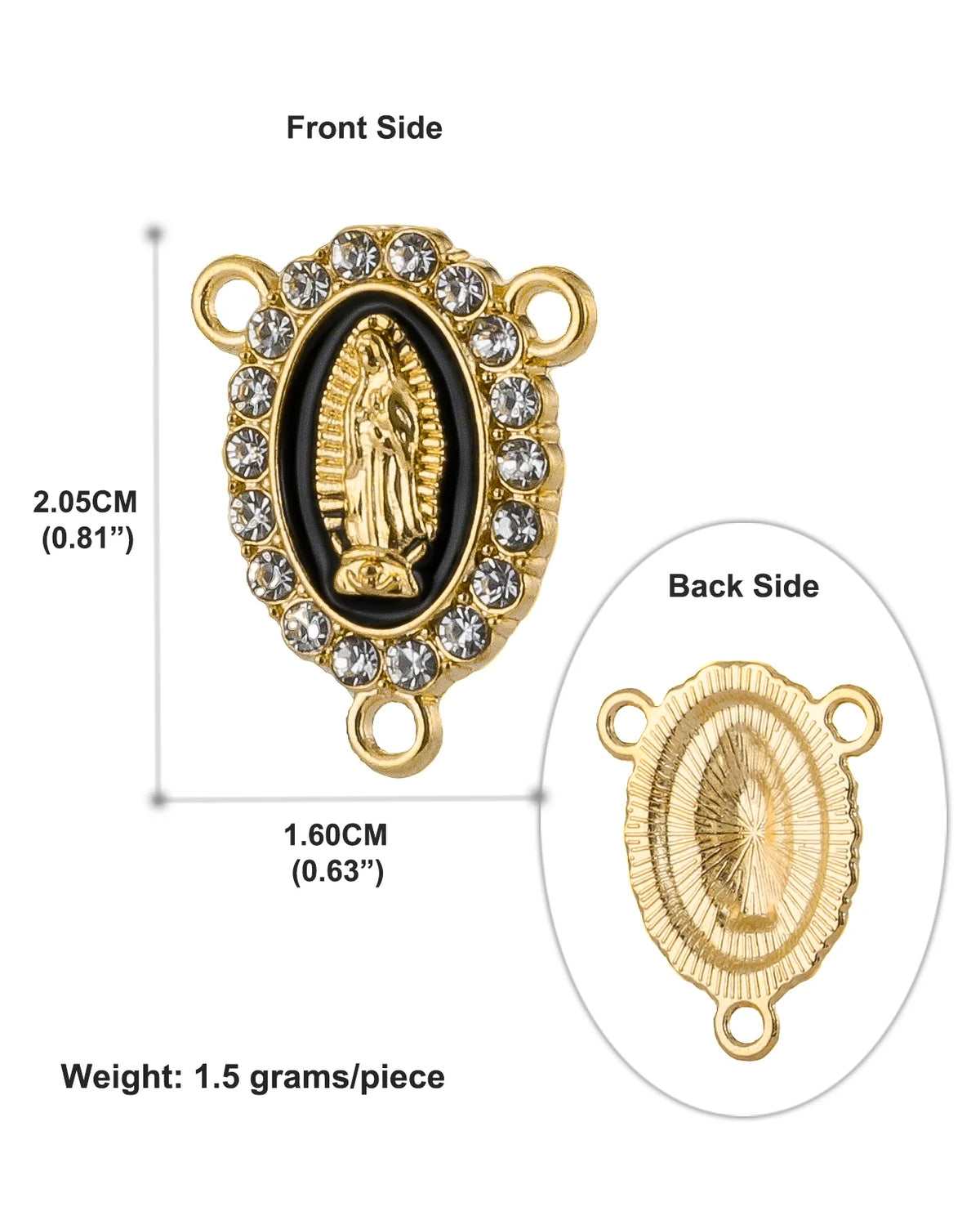 Gold-toned centerpiece connectors featuring a detailed depiction of the Virgin Mary.