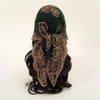 A dark green floral embroidered lace bandana headscarf tied around a dark hair