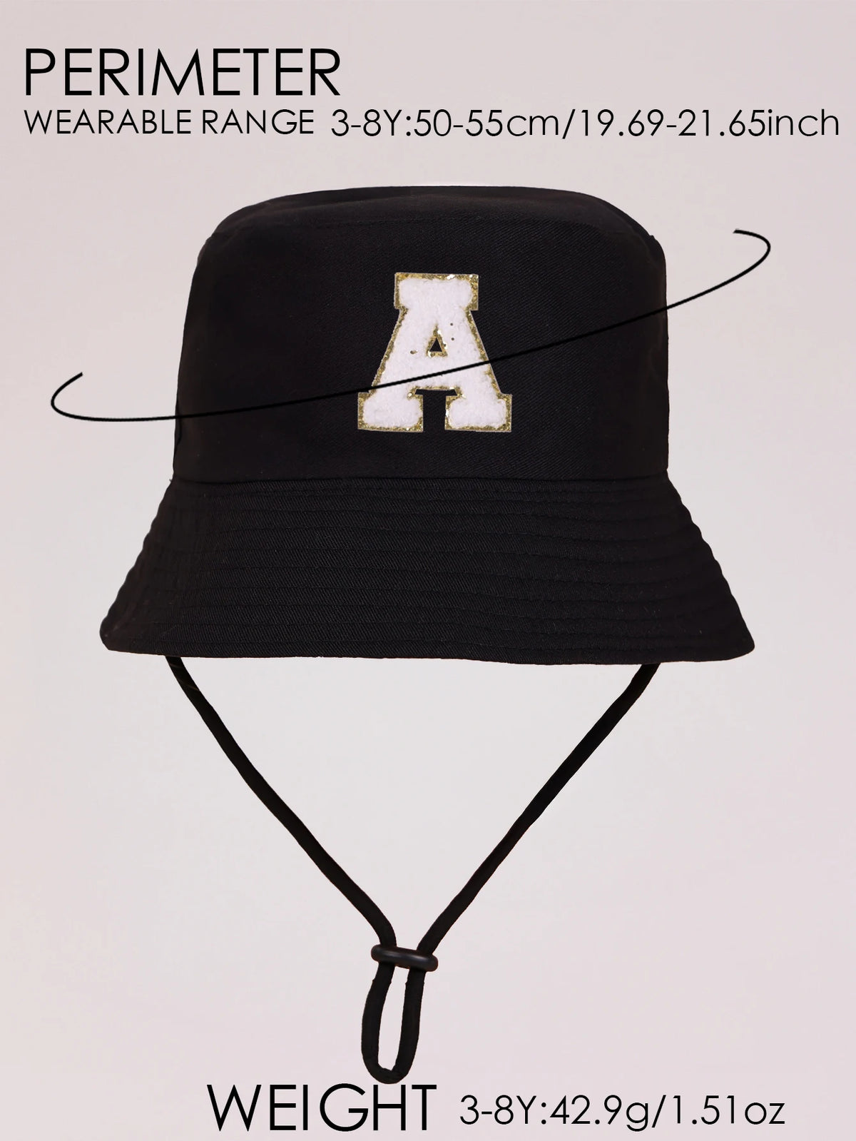 Black perimeter sun hat with a gold letter A print and an adjustable cord.