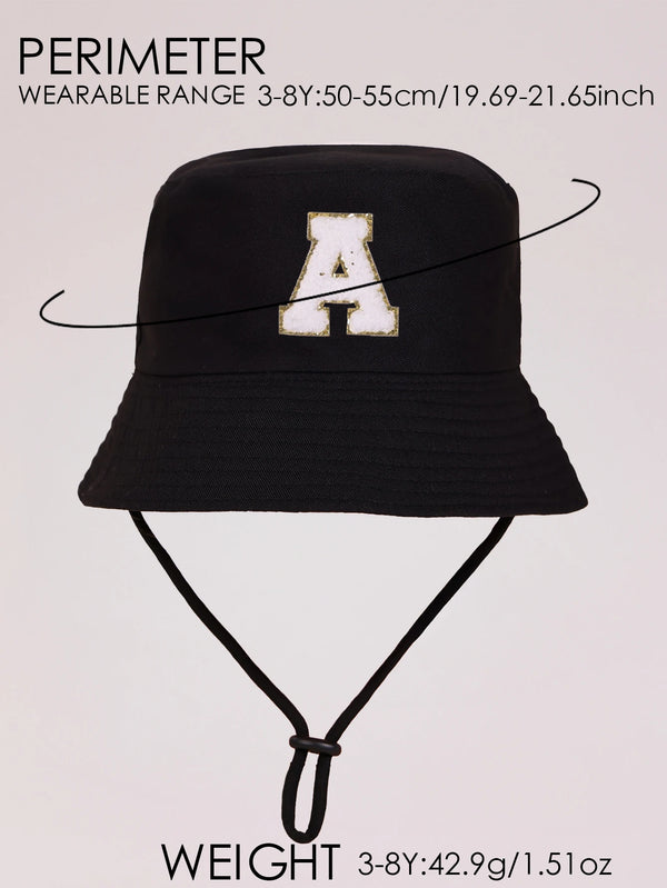 Black perimeter sun hat with a gold letter A print and an adjustable cord.