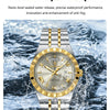 A silver and gold wristwatch is shown being splashed by water, demonstrating its 3ATM deep waterproof performance.