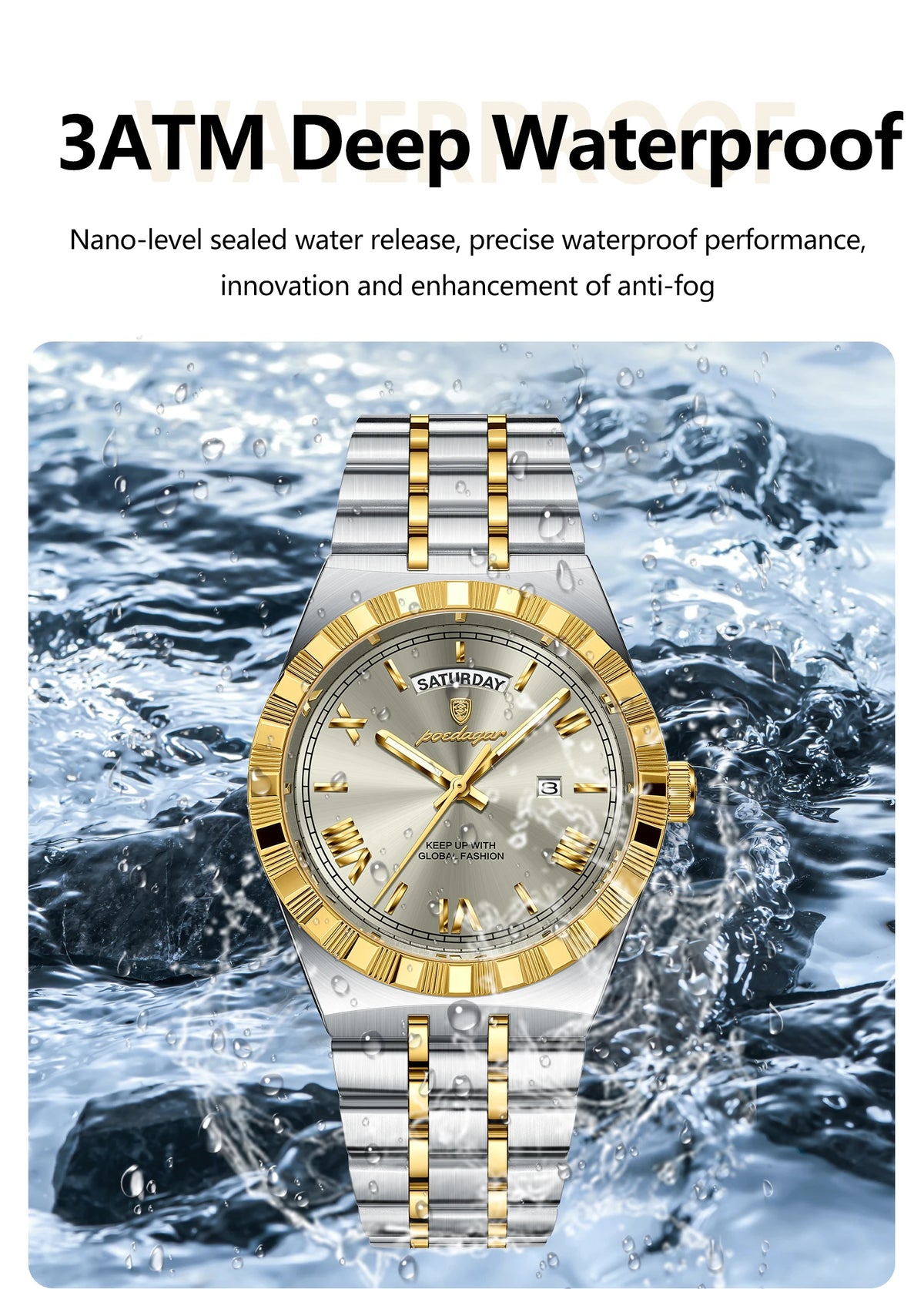 A silver and gold wristwatch is shown being splashed by water, demonstrating its 3ATM deep waterproof performance.