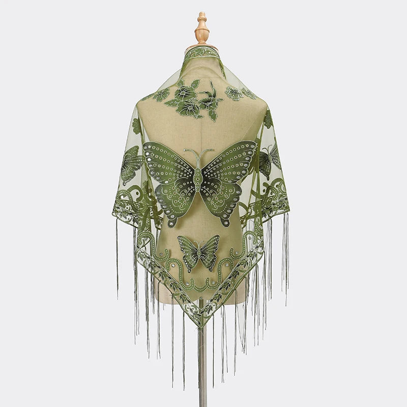 Elegant printed butterfly lace scarf shawl in olive green and beige tones