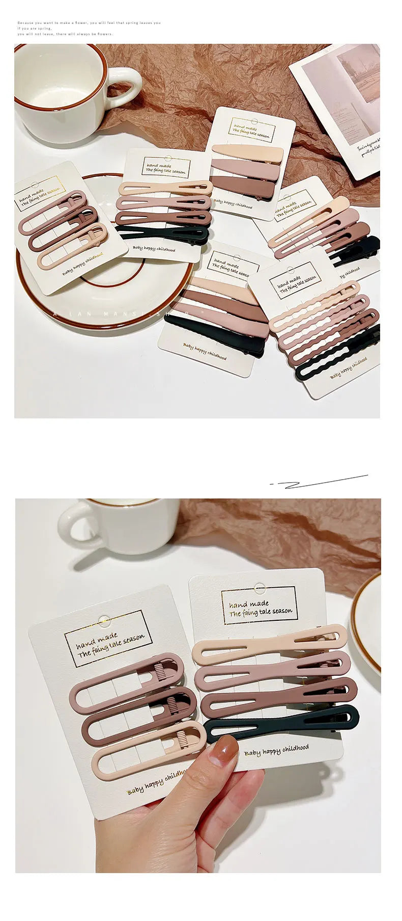 A set of vintage frosted geometry hair clips in various shades of beige and black, displayed next to a white cup.